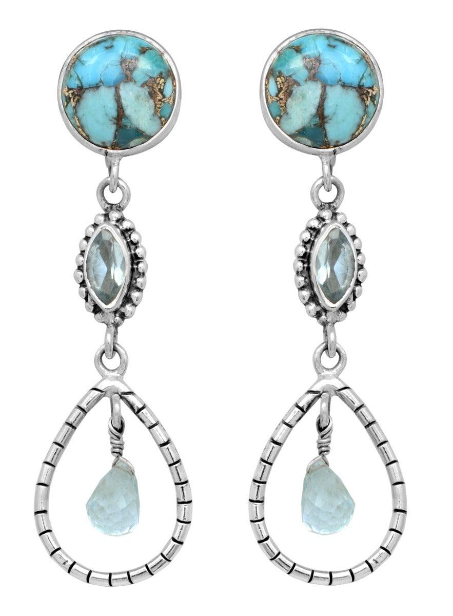 Blue Copper Turquoise Blue Topaz Dangling 925 Solid Sterling Silver Earrings Silver Jewelry - YoTreasure