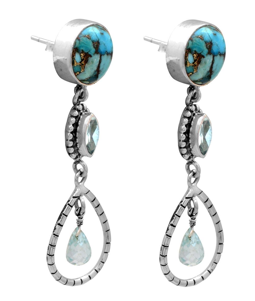 Blue Copper Turquoise Blue Topaz Dangling 925 Solid Sterling Silver Earrings Silver Jewelry - YoTreasure