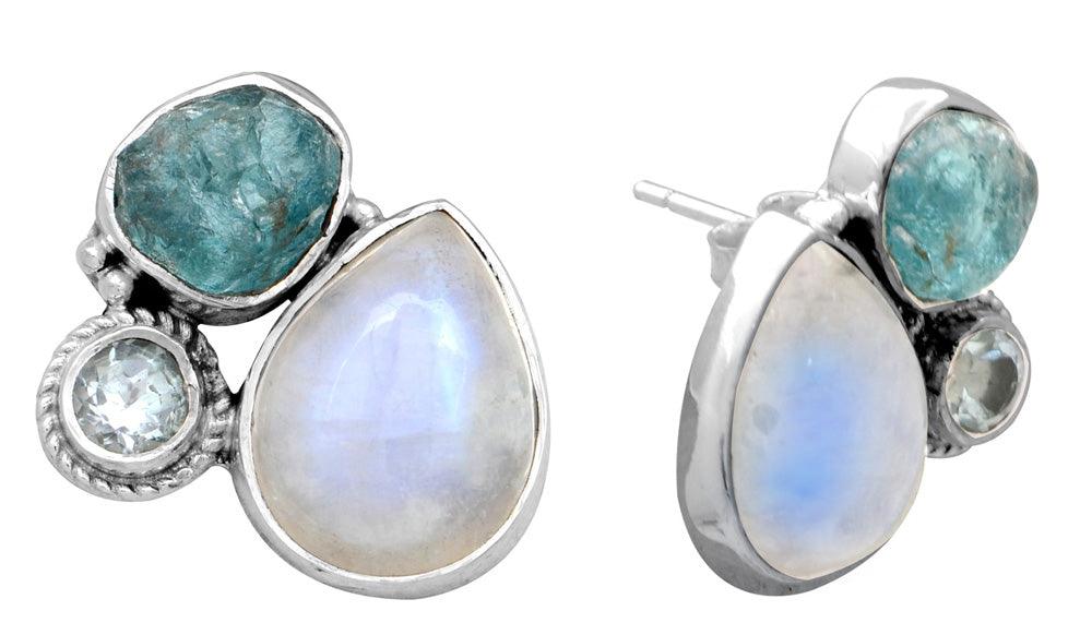 Rainbow Moonstone Blue Topaz Stud 925 Solid Sterling Silver Earrings Silver Jewelry - YoTreasure
