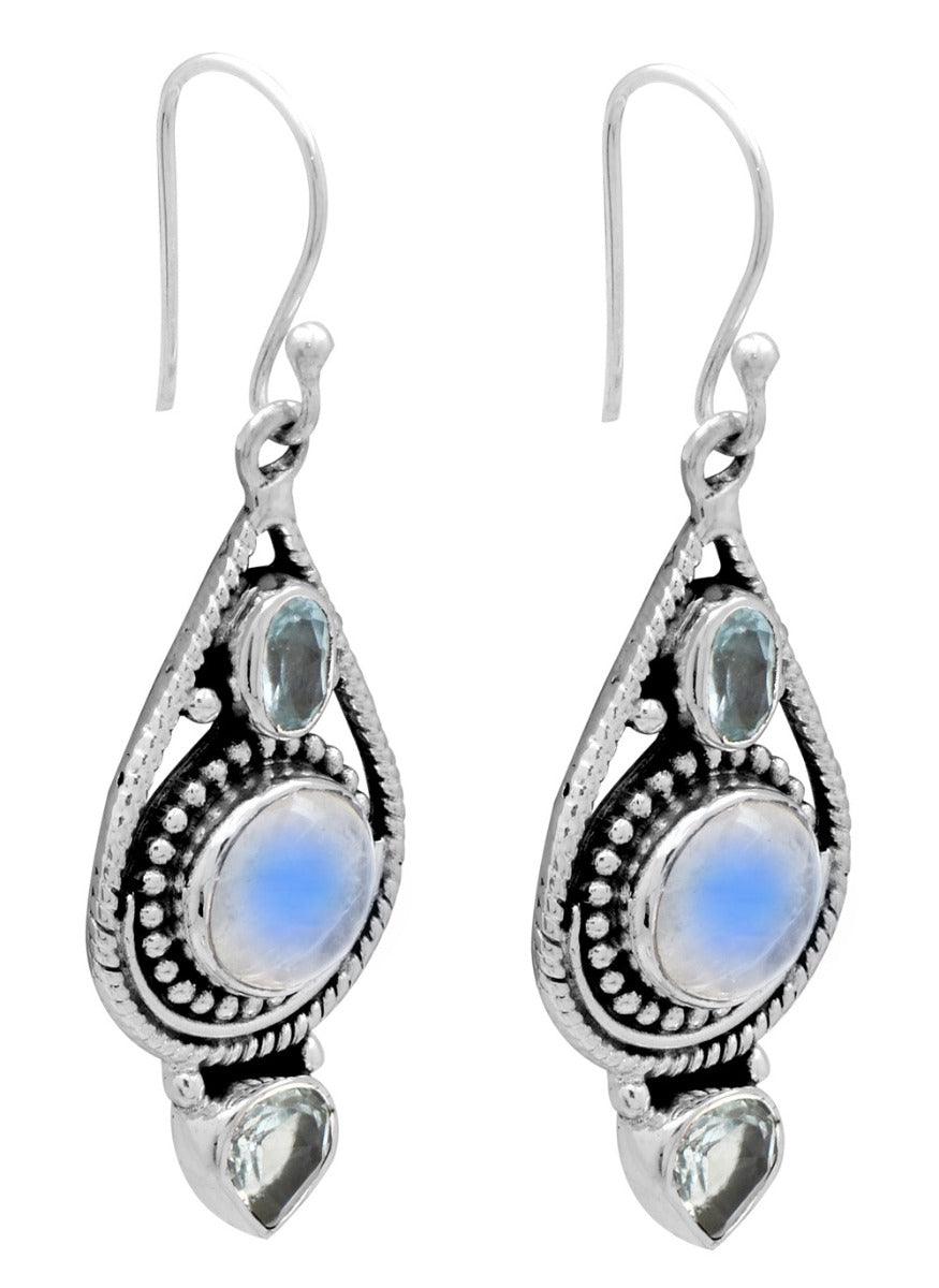 Rainbow Moonstone Blue Topaz Dangling 925 Solid Sterling Silver Earrings Silver Jewelry - YoTreasure