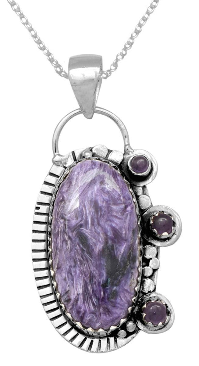 Charoite Amethyst 925 Solid Sterling Silver Pendant Necklace Jewelry - YoTreasure