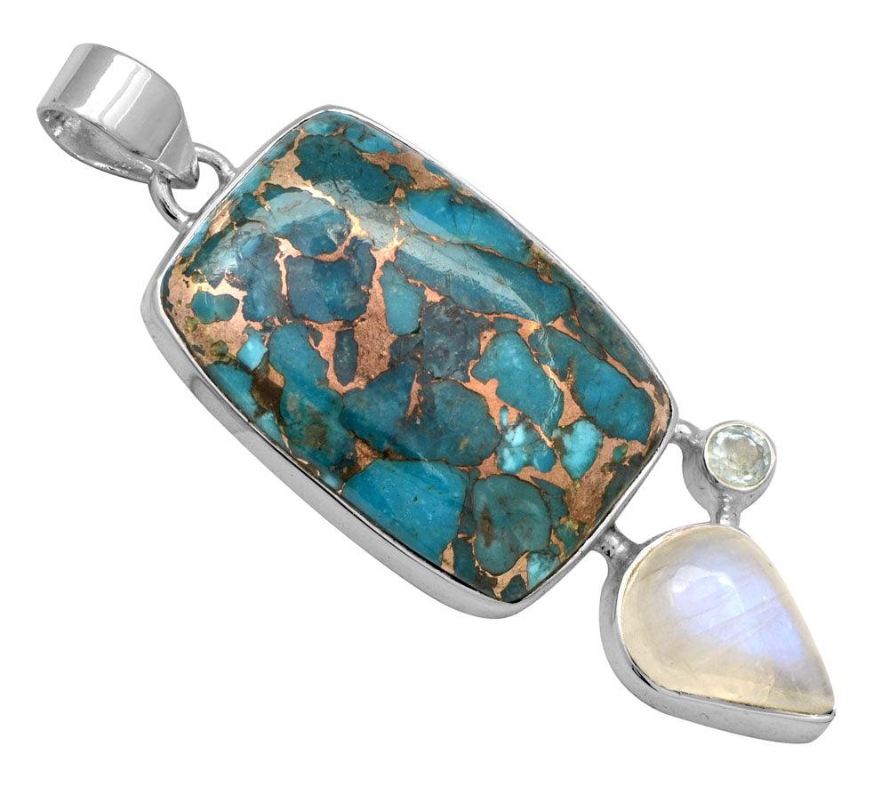 Blue Copper Turquoise Rainbow Moostone Blue Topaz 925 Solid Sterling Silver Pendant Necklace Silver Jewelry - YoTreasure