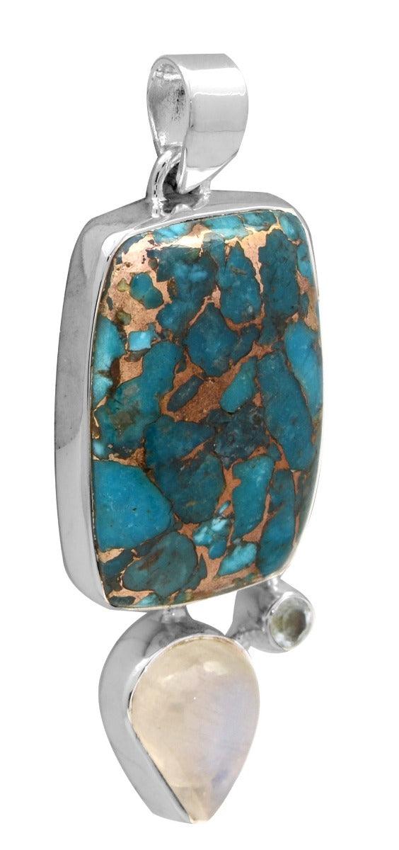 Blue Copper Turquoise Rainbow Moostone Blue Topaz 925 Solid Sterling Silver Pendant Necklace Silver Jewelry - YoTreasure