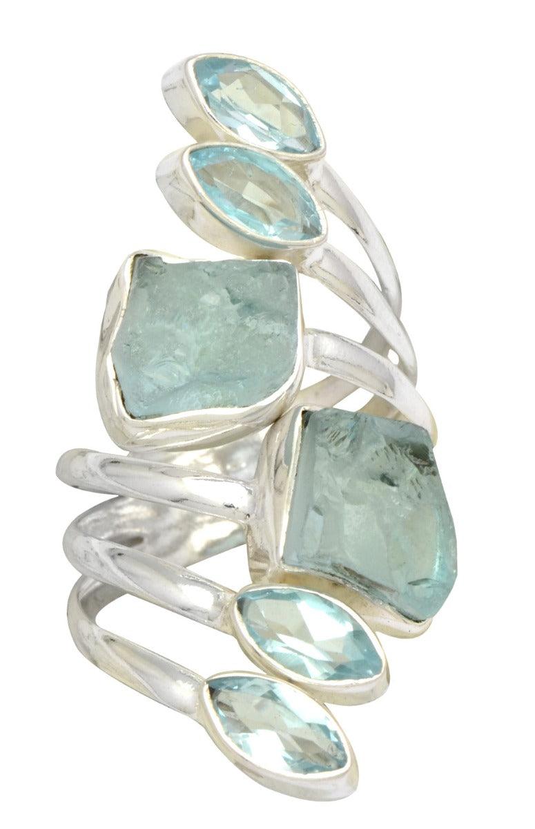 Raw Blue Topaz Solid 925 Sterling Silver Bypass Ring Jewelry - YoTreasure