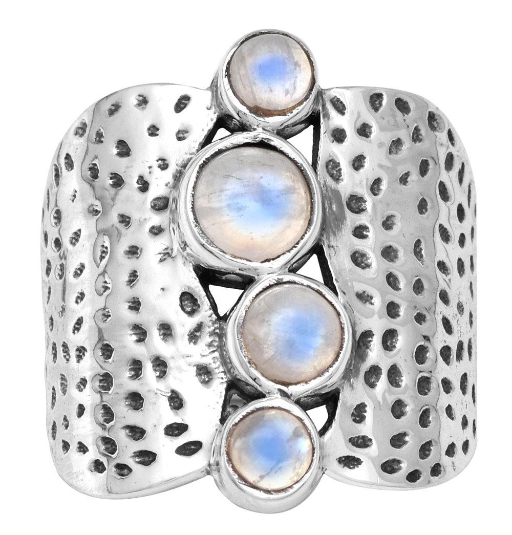 Rainbow Moonstone Solid 925 Sterling Silver Hammered Ring Jewelry - YoTreasure