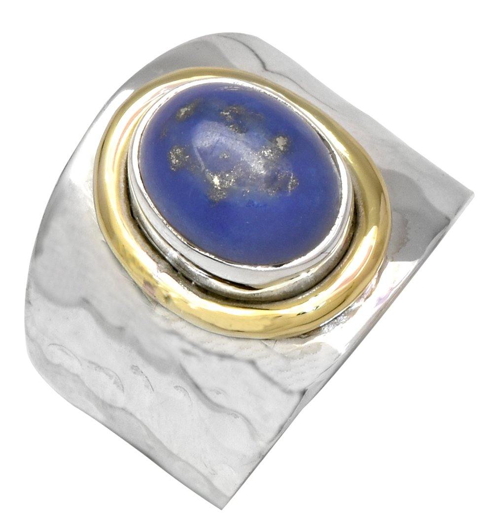 Lapis Solid 925 Sterling Silver Brass Hammered Ring Jewelry - YoTreasure
