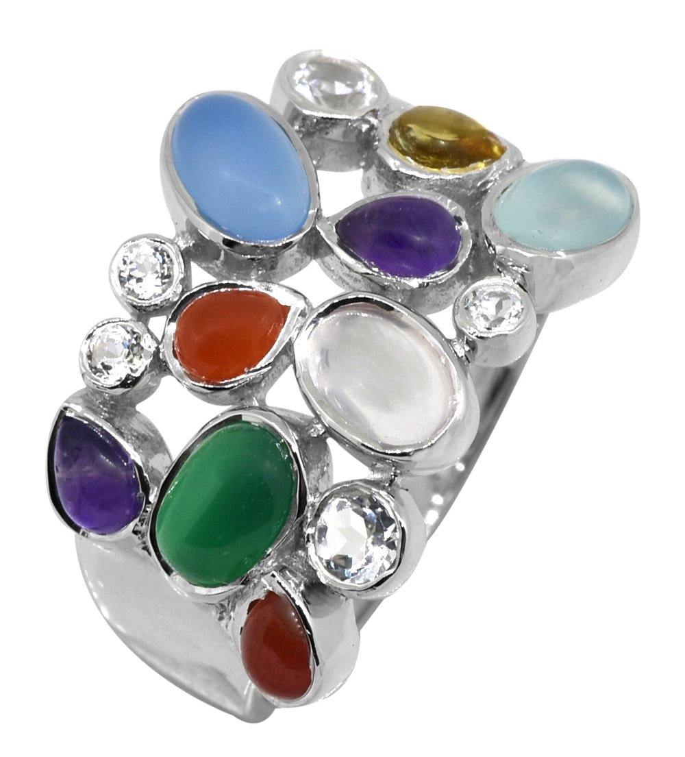 Blue Chalcedony Multi Gemstone Solid 925 Sterling Silver Designer Ring Jewelry - YoTreasure