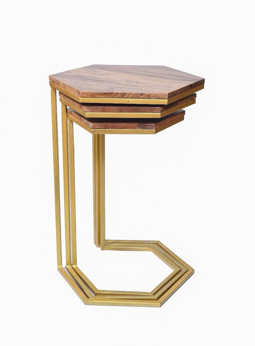 Solid Mango Wood Gold Iron Base Set of 3 Wood Top Nesting Table - YoTreasure
