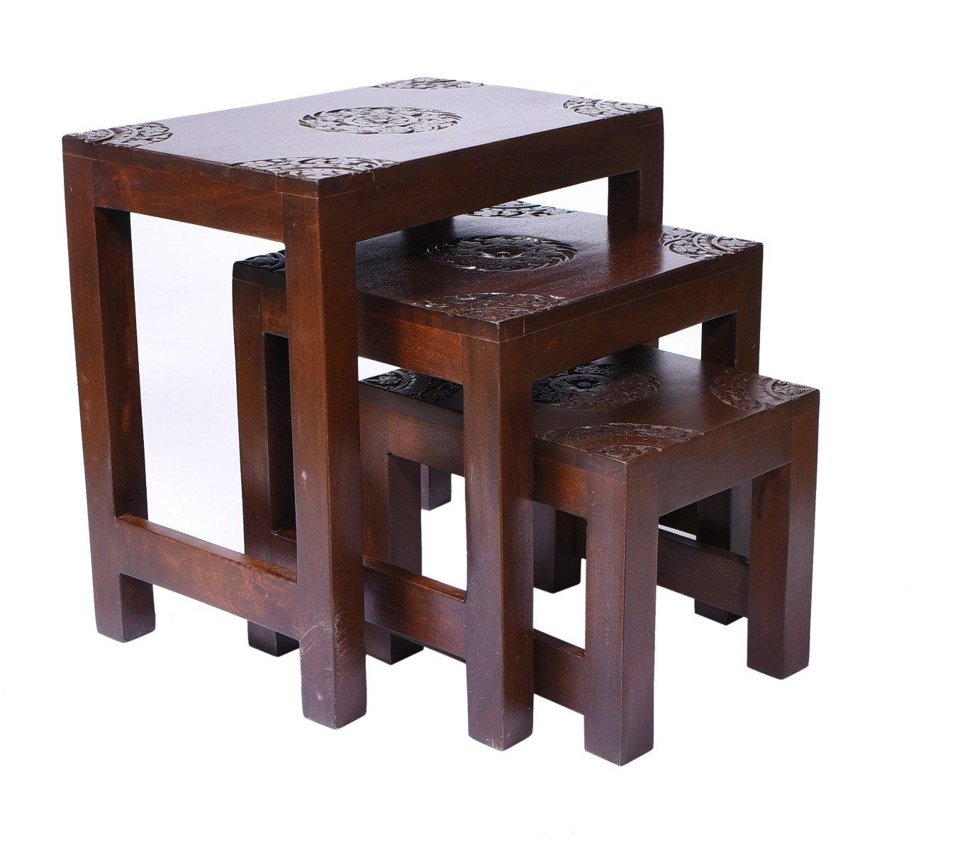 Solid Mango Wood Designer Carved Home Decor Nesting Table - YoTreasure