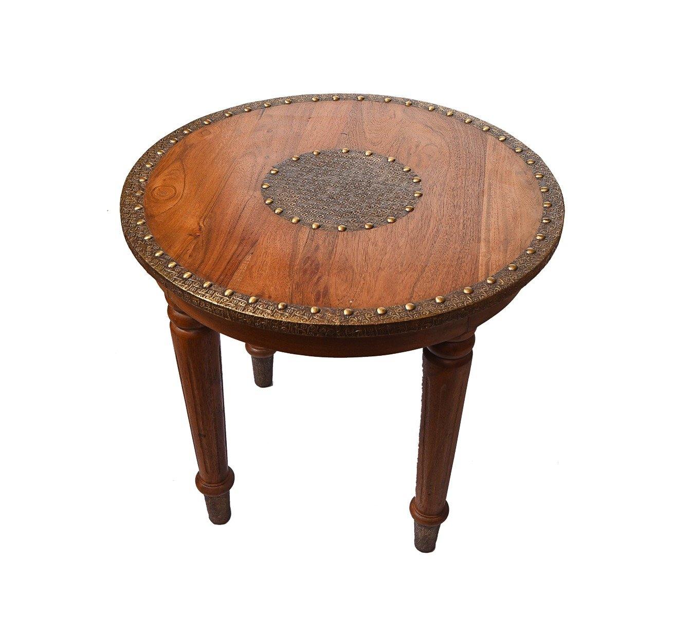 Solid Acacia Wood Round End Table with Brass Cladding - YoTreasure