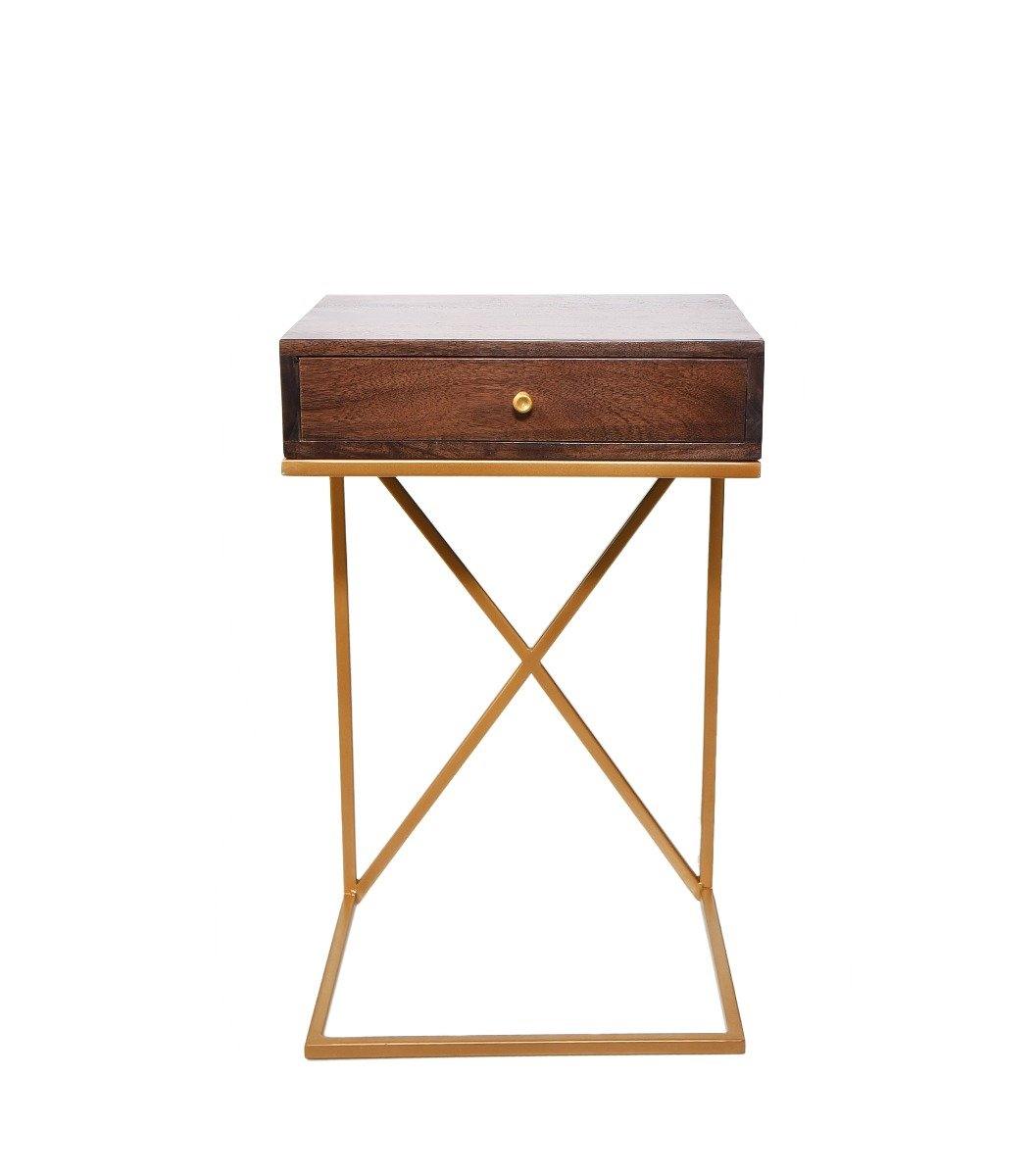 Solid Acacia Wood Iron Base Side End Table with 1 Drawer - YoTreasure