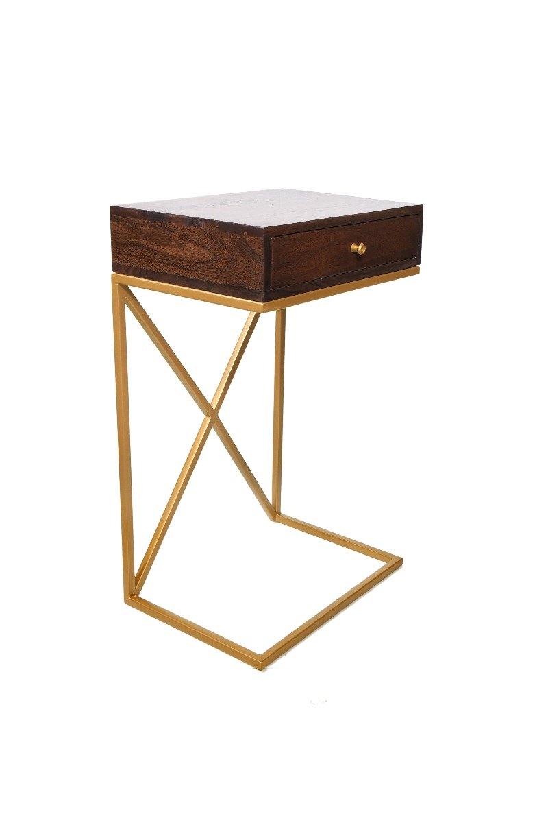 Solid Acacia Wood Iron Base Side End Table with 1 Drawer - YoTreasure