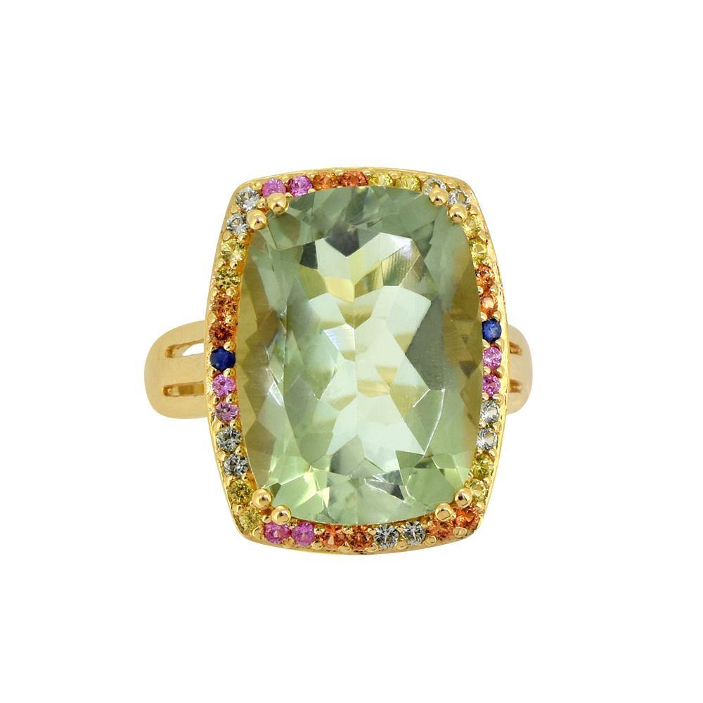 13.44 Ct Green Amethyst Solid 925 Sterling Silver Yellow Gold Plated Ring Jewelry - YoTreasure