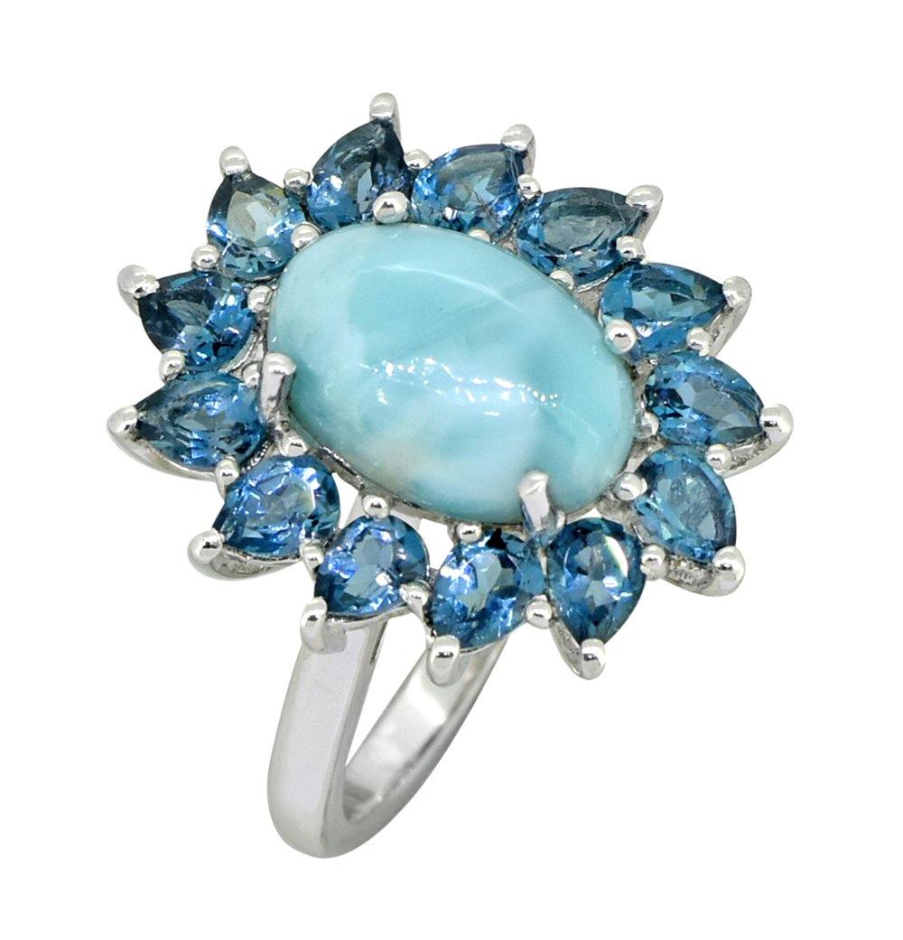 6.40 Ct. Larimar London Blue Topaz Solid 925 Sterling Silver Flower Cluster Ring Jewelry - YoTreasure