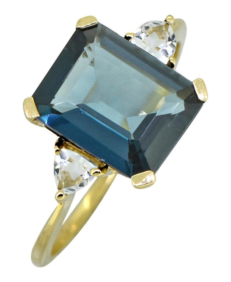 London Blue Topaz Solid 14K Yellow Gold 2-Stone Ring 4.7 Ct Emerald Cut - YoTreasure