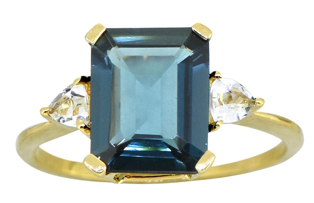 London Blue Topaz Solid 14K Yellow Gold 2-Stone Ring 4.7 Ct Emerald Cut - YoTreasure