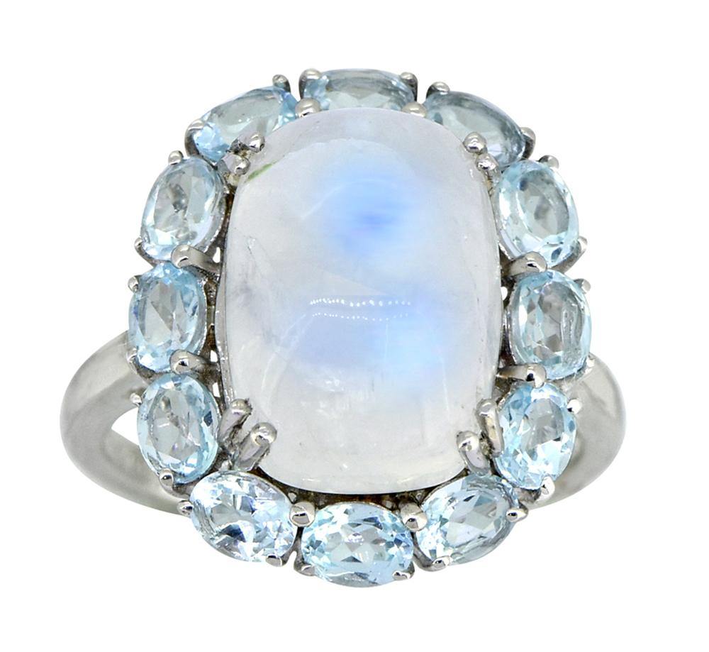 Rainbow Moonstone Sky Blue Topaz Solid 925 Sterling Silver Cluster Ring Jewelry - YoTreasure