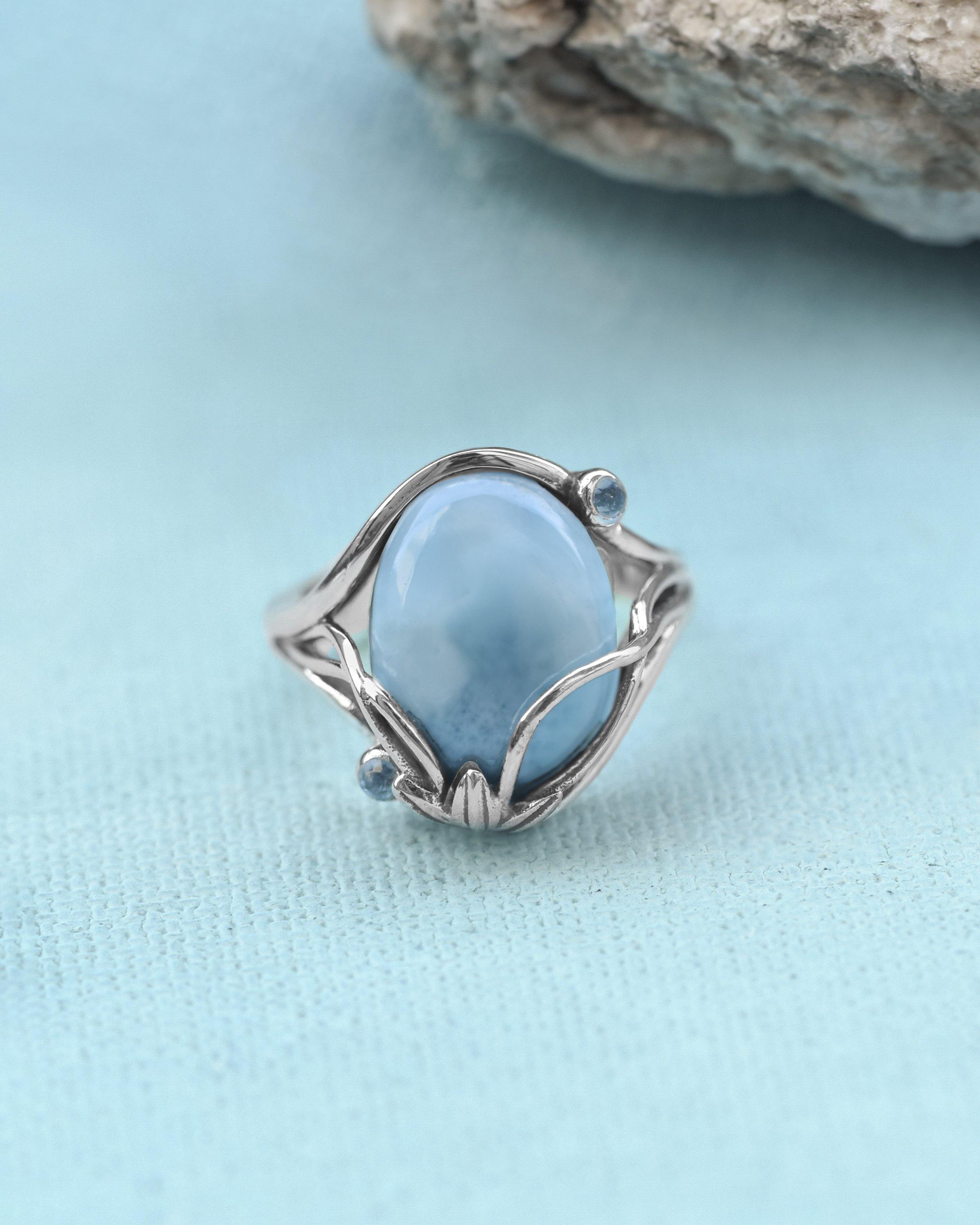 Larimar Swiss Blue Topaz 925 Sterling Silver Designer Ring Genuine Gemstone Jewelry - YoTreasure