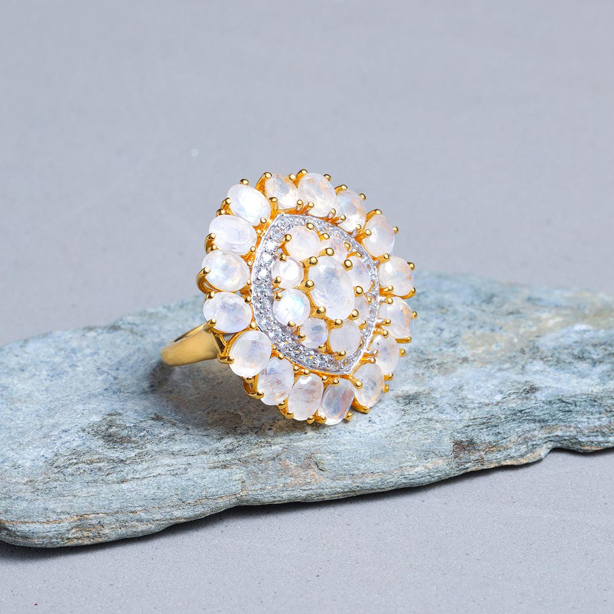 Moonstone White Topaz Yellow Gold Plated Over 925 Silver Cluster Ring Jewelry - YoTreasure