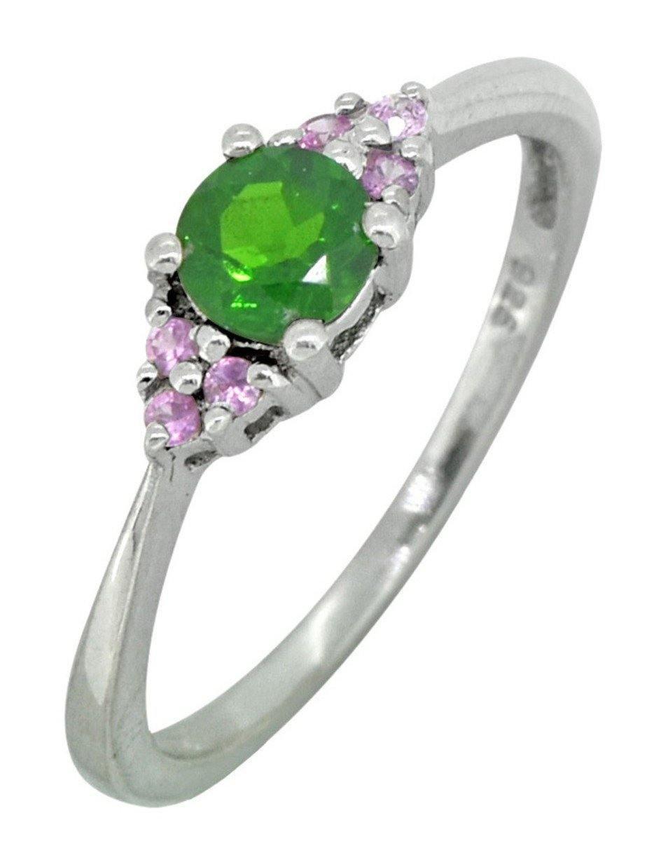 Solid 925 Sterling Silver Green Chrome Diopside & Pink Sapphire Ring - YoTreasure