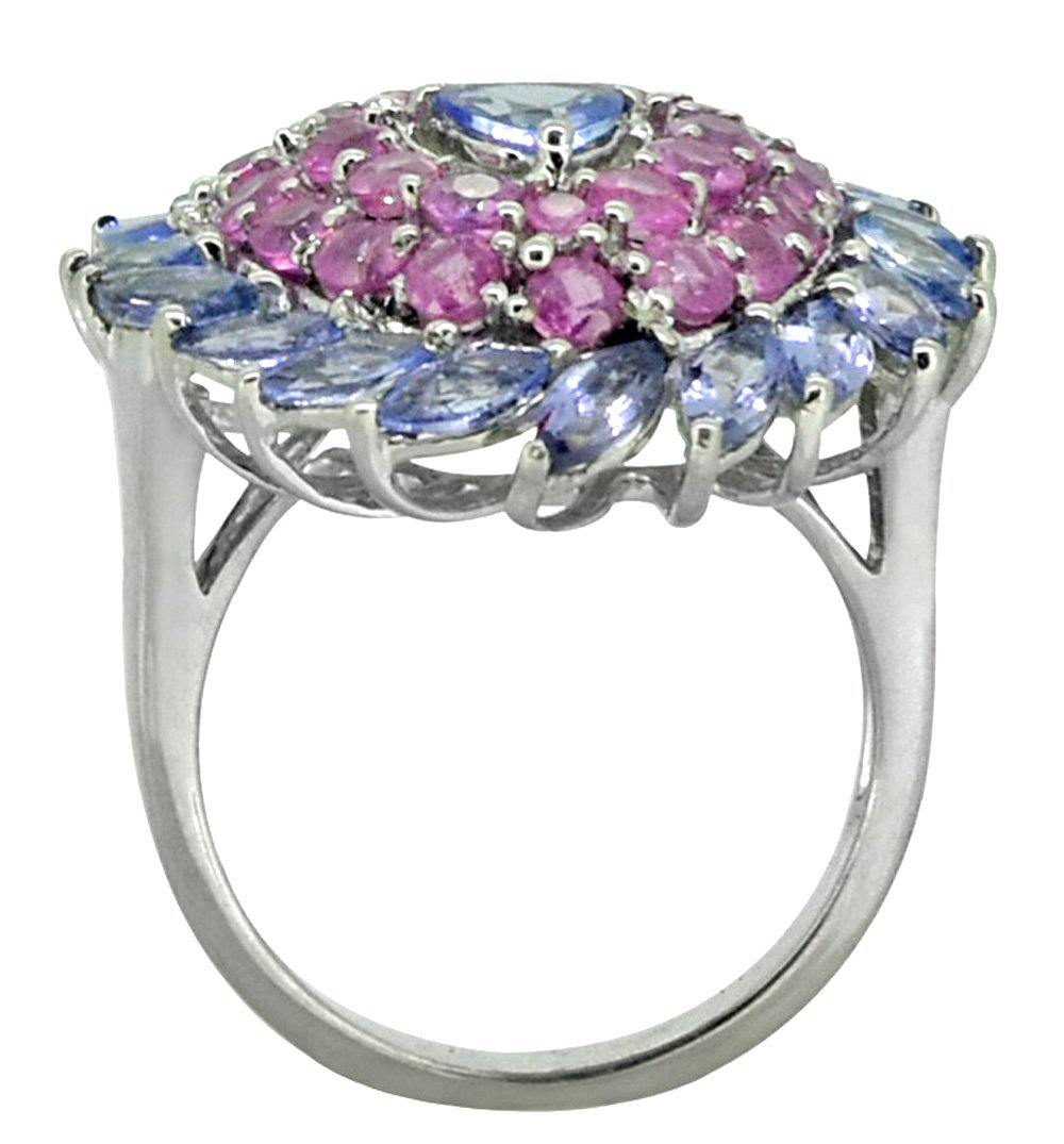 Blue Tanzanite Pink Sapphire Solid 925 Sterling Silver Flower Cluster Ring Jewelry - YoTreasure