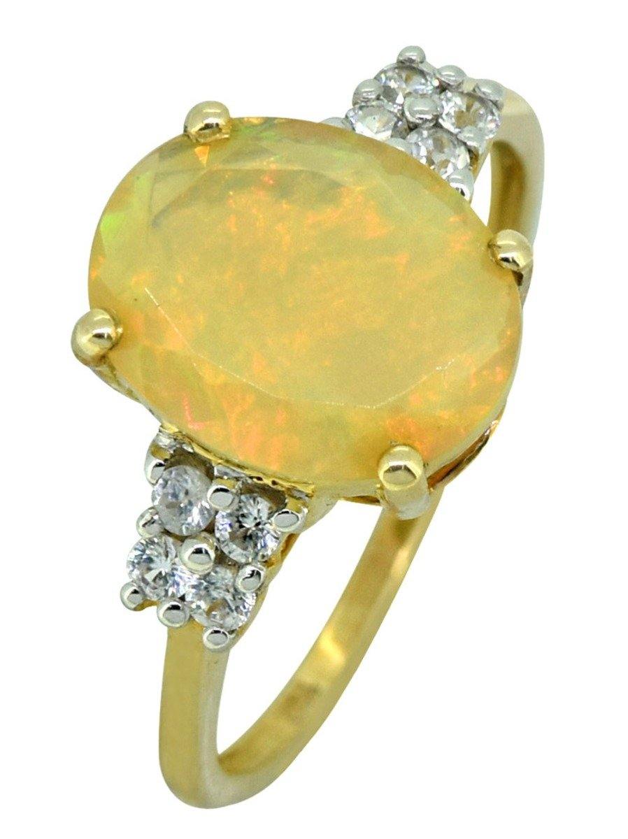 Solid 10K Yellow Gold Oval Ethiopian Opal & Round White Zircon Ring - YoTreasure