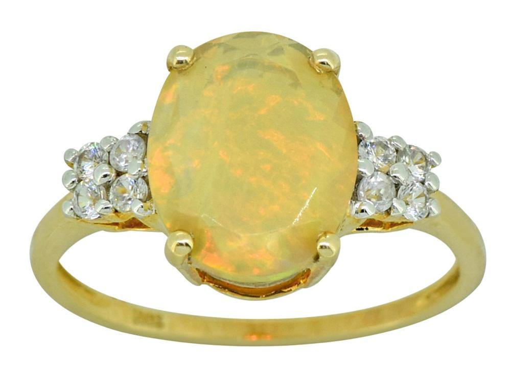 Solid 10K Yellow Gold Oval Ethiopian Opal & Round White Zircon Ring - YoTreasure