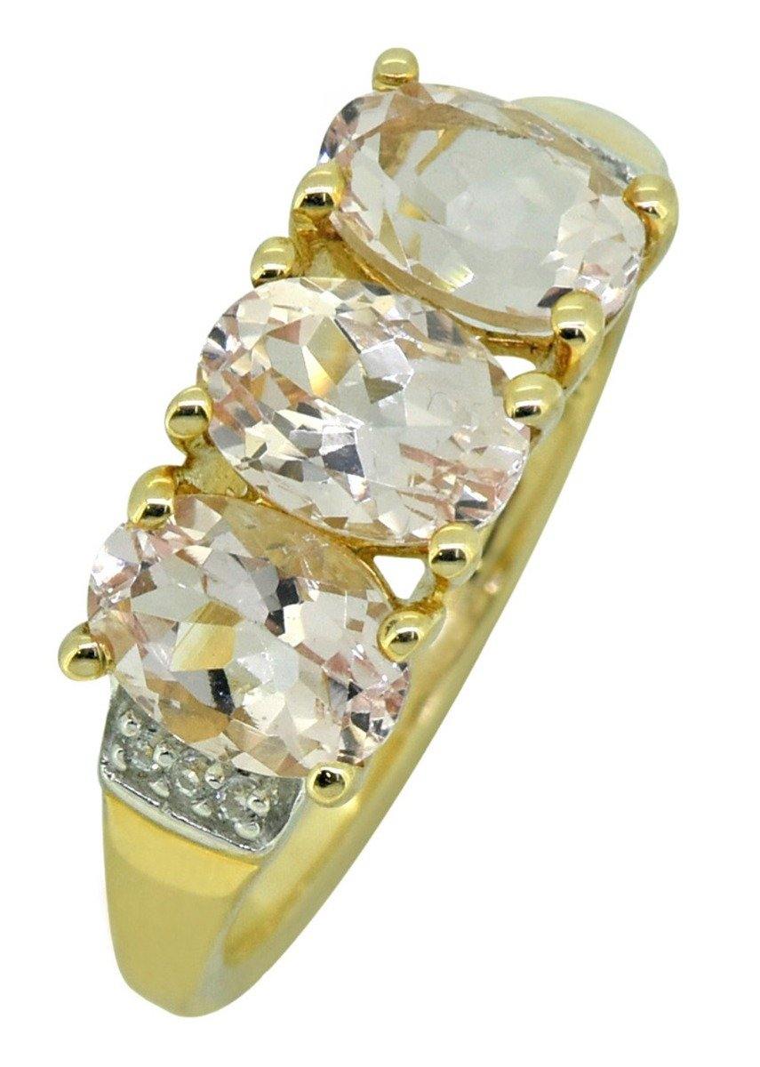 Solid 10K Yellow Gold 3-Stone Pink Morganite White Topaz Designer Ring - YoTreasure