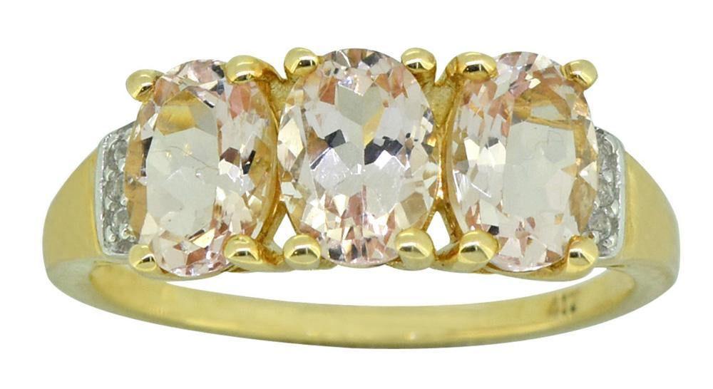 Solid 10K Yellow Gold 3-Stone Pink Morganite White Topaz Designer Ring - YoTreasure